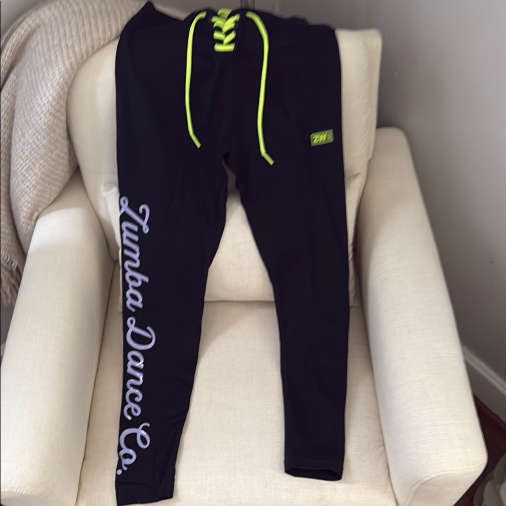 Zumba Fitness Black Leggings with Neon Green purple details